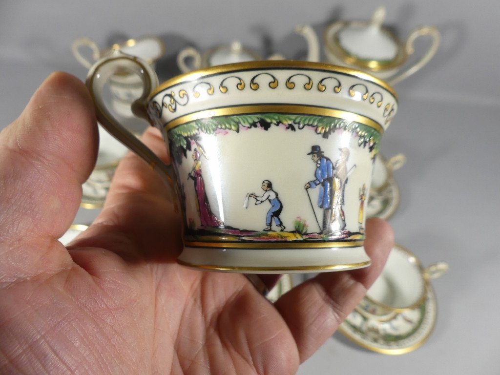 Raynaud Limoges Promenade Au Palais Royal, Très Rare Service à Café Pour 6 Personnes Porcelaine-photo-5