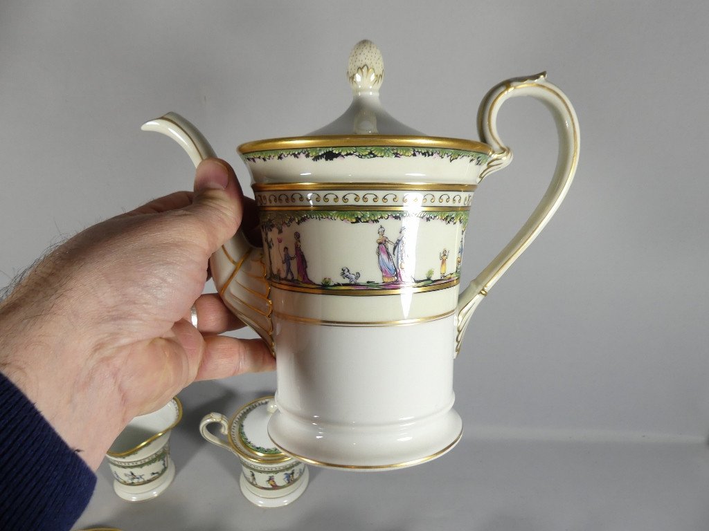 Raynaud Limoges Promenade Au Palais Royal, Très Rare Service à Café Pour 6 Personnes Porcelaine-photo-8