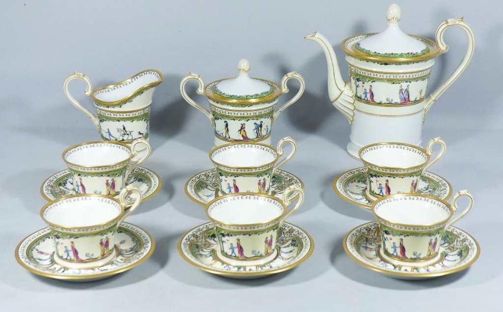 Raynaud Limoges Promenade Au Palais Royal, Très Rare Service à Café Pour 6 Personnes Porcelaine