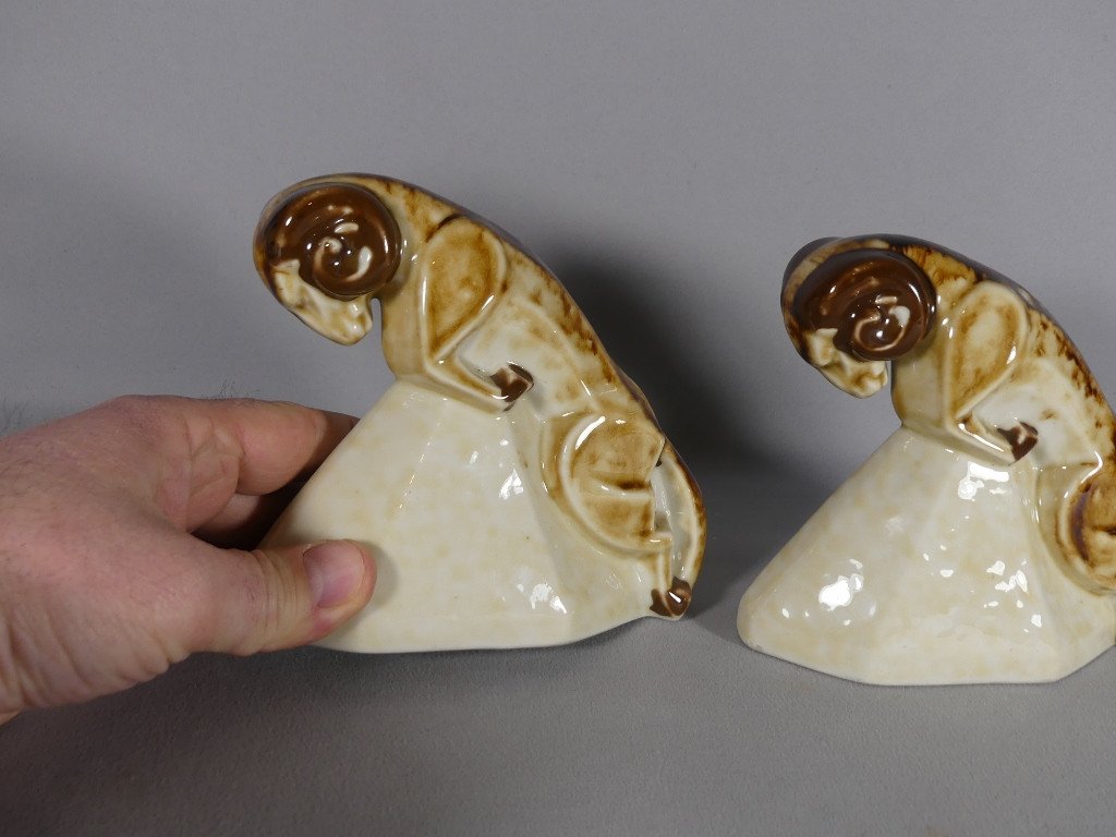 Camille Tharaud Limoges, Pair Of Art Deco Porcelain Rams Bookends-photo-3