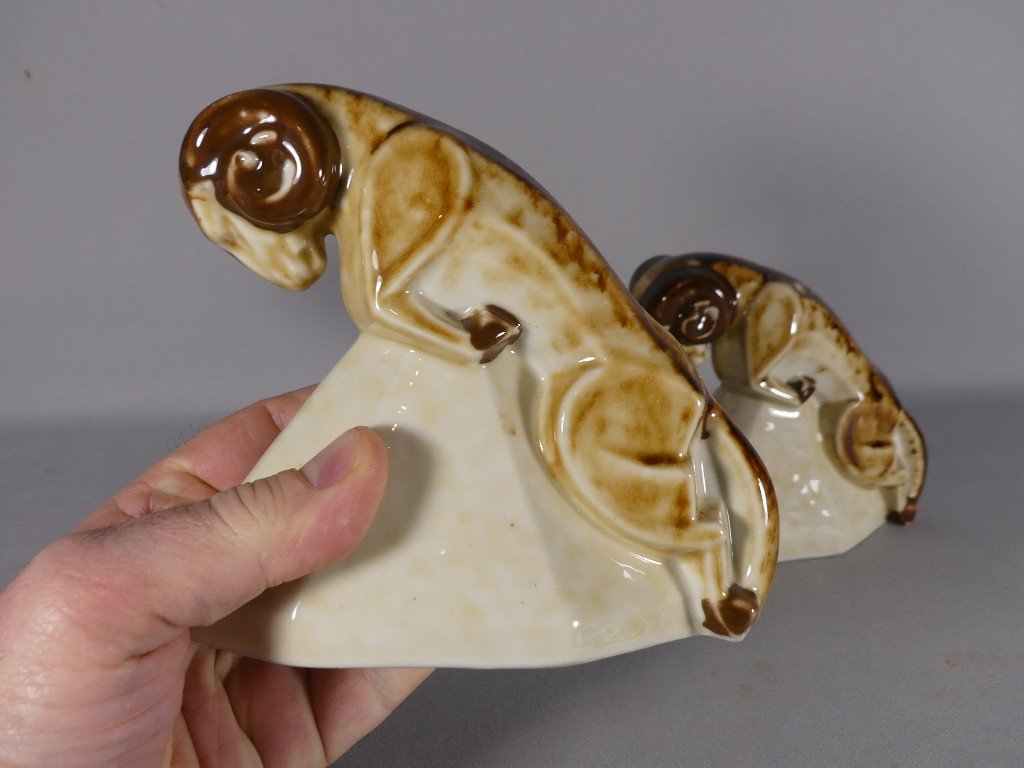 Camille Tharaud Limoges, Pair Of Art Deco Porcelain Rams Bookends-photo-1