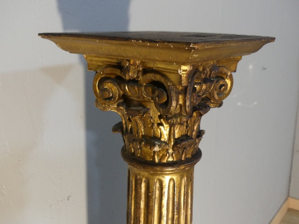 Colonne De Pr&eacute;sentation En Bois Dor&eacute; Chapiteau Corinthien, &eacute;poque XVIII &egrave;me Si&egrave;cle-photo-4