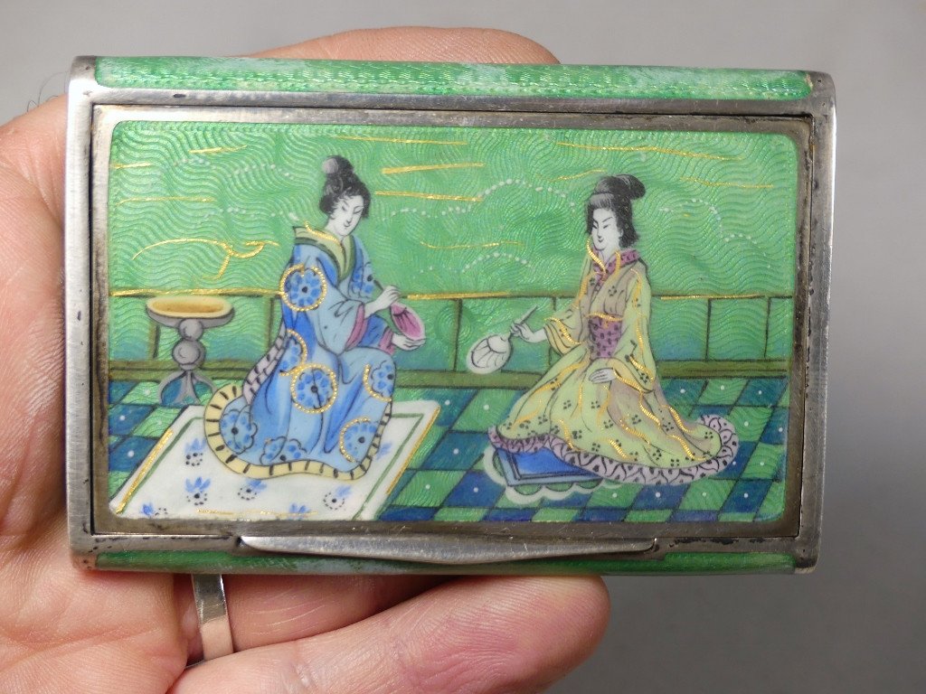 Box Casket In Solid Silver, Guilloché And Enamel, Japanese Decor, 19th Century Period-photo-2