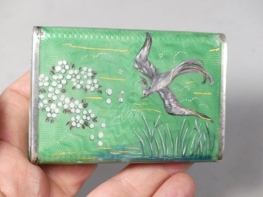 Box Casket In Solid Silver, Guilloché And Enamel, Japanese Decor, 19th Century Period-photo-4