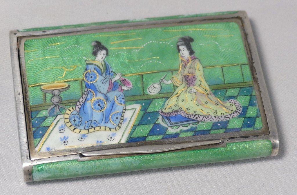 Box Casket In Solid Silver, Guilloché And Enamel, Japanese Decor, 19th Century Period