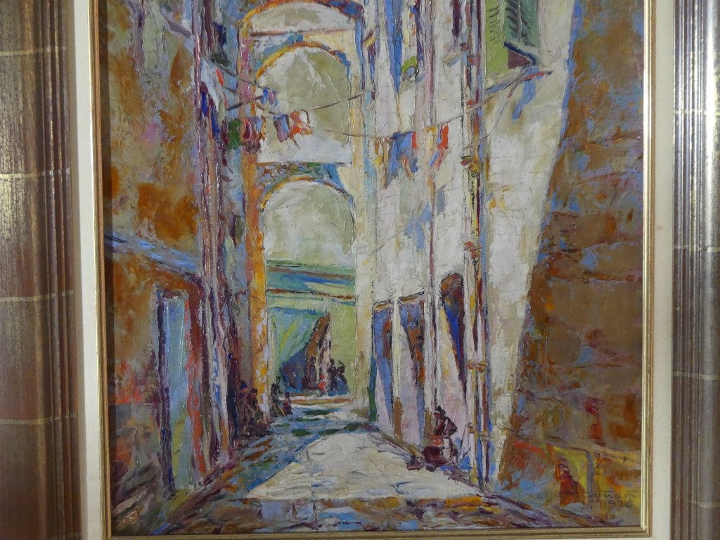 Hermann Wagner, Southern Alley With Laundry At The Windows, Oil Painting On Canvas Dated 1926-photo-4