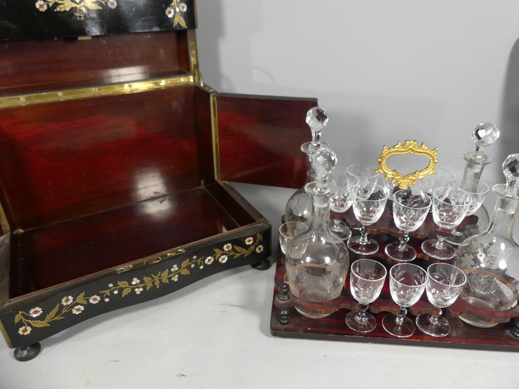 Cave à Liqueur Napoléon III En Marqueterie De Nacre Et Laiton, Verrerie Cristal Baccarat, XIX è-photo-6