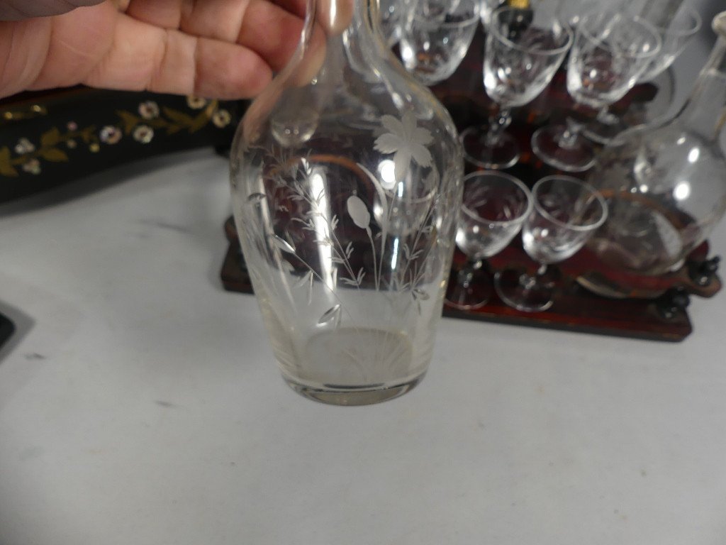 Cave à Liqueur Napoléon III En Marqueterie De Nacre Et Laiton, Verrerie Cristal Baccarat, XIX è-photo-7