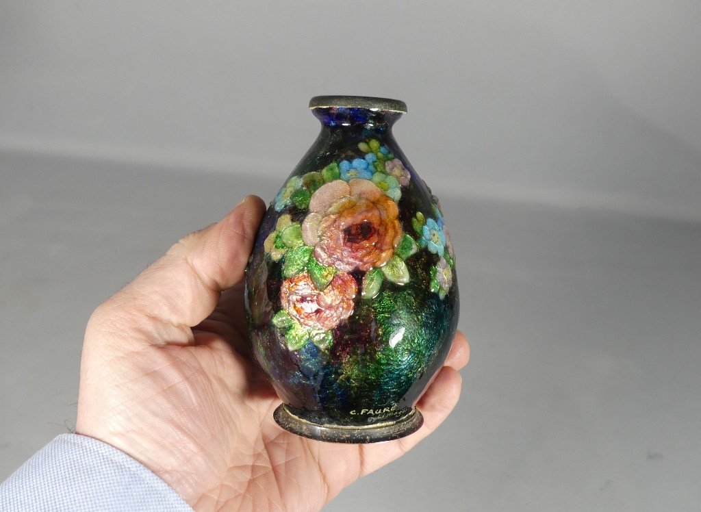 Camille Fauré, Vase En émail, émaux De Limoges Décor De Fleurs-photo-2