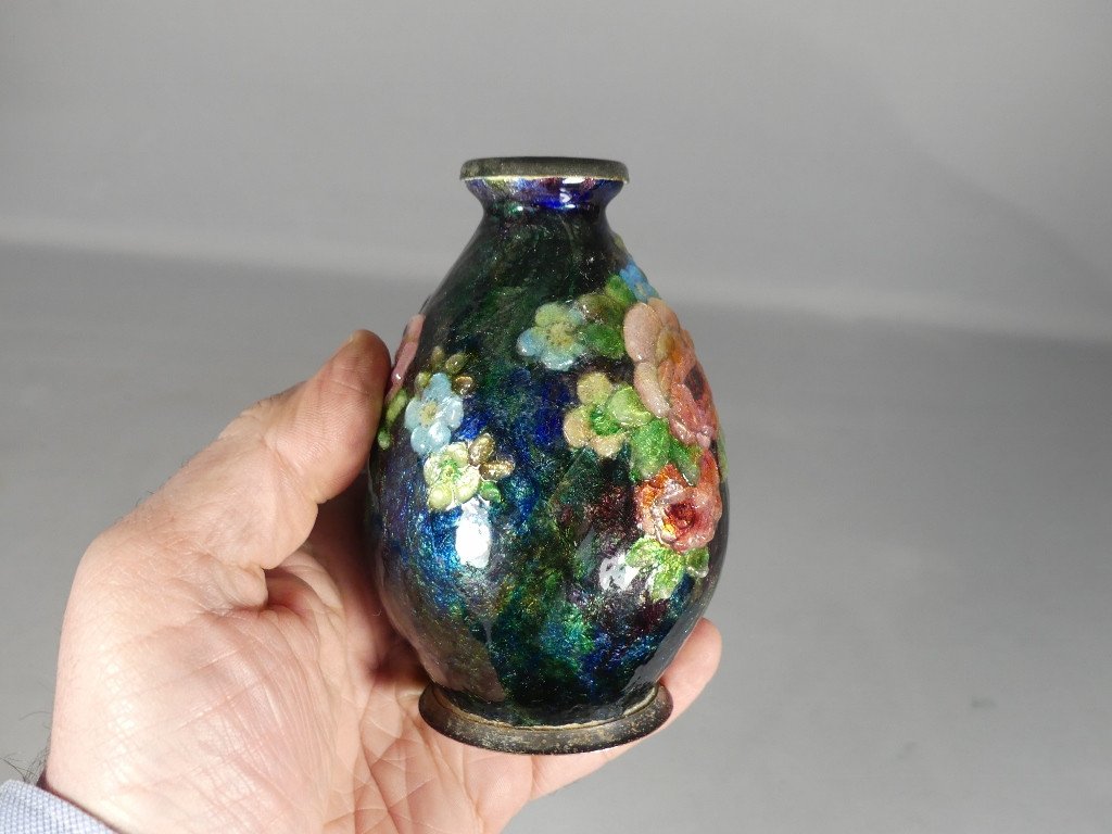 Camille Fauré, Vase En émail, émaux De Limoges Décor De Fleurs-photo-3