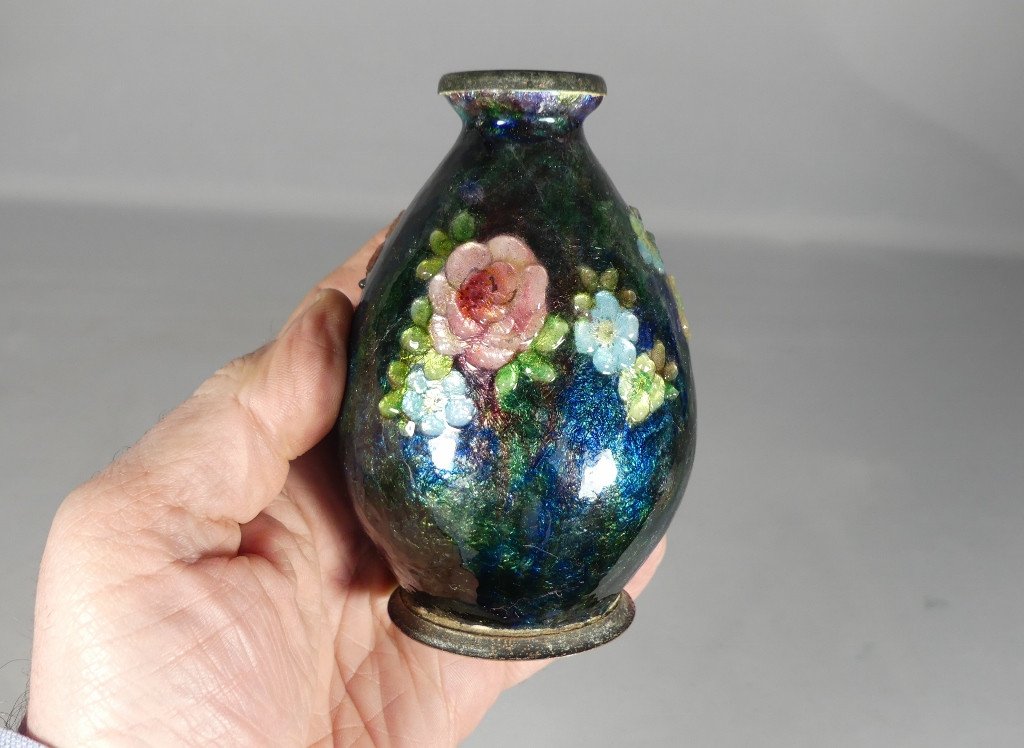 Camille Fauré, Vase En émail, émaux De Limoges Décor De Fleurs-photo-4