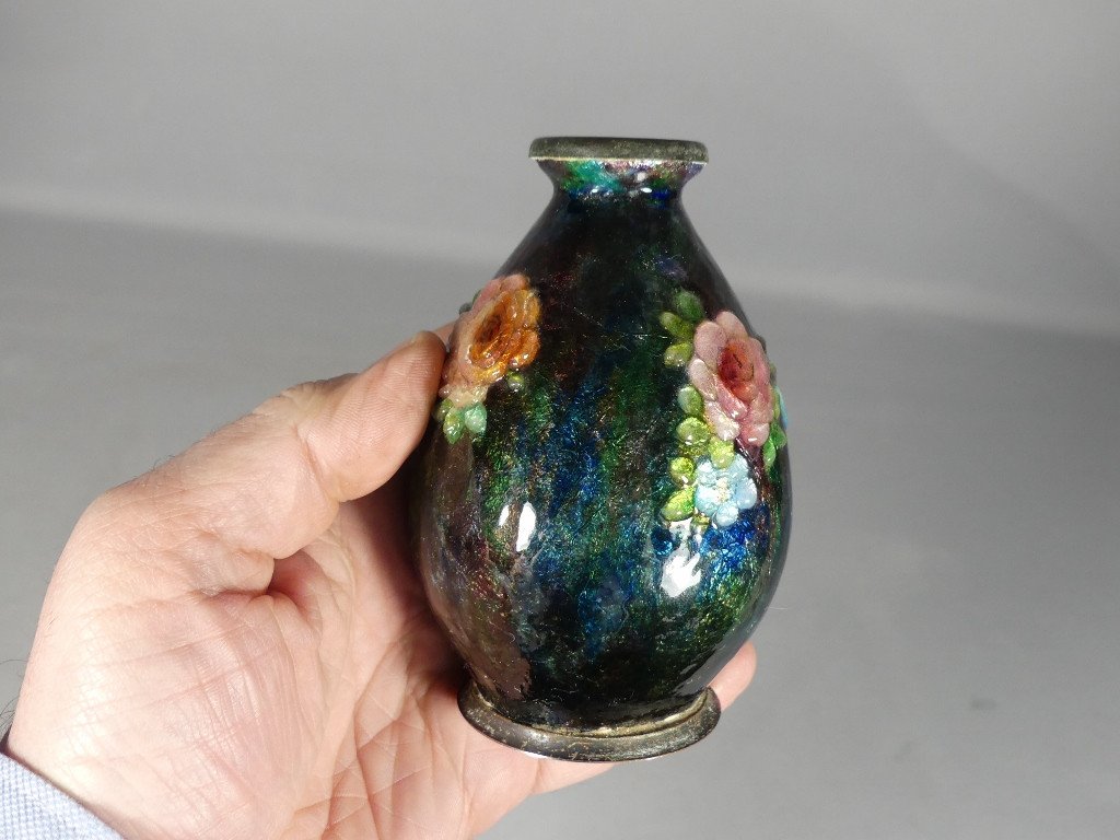Camille Fauré, Vase En émail, émaux De Limoges Décor De Fleurs-photo-1