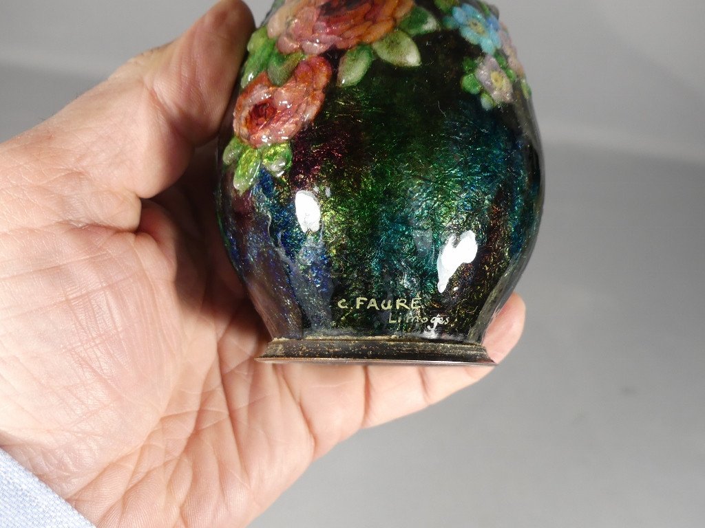 Camille Fauré, Vase En émail, émaux De Limoges Décor De Fleurs-photo-3