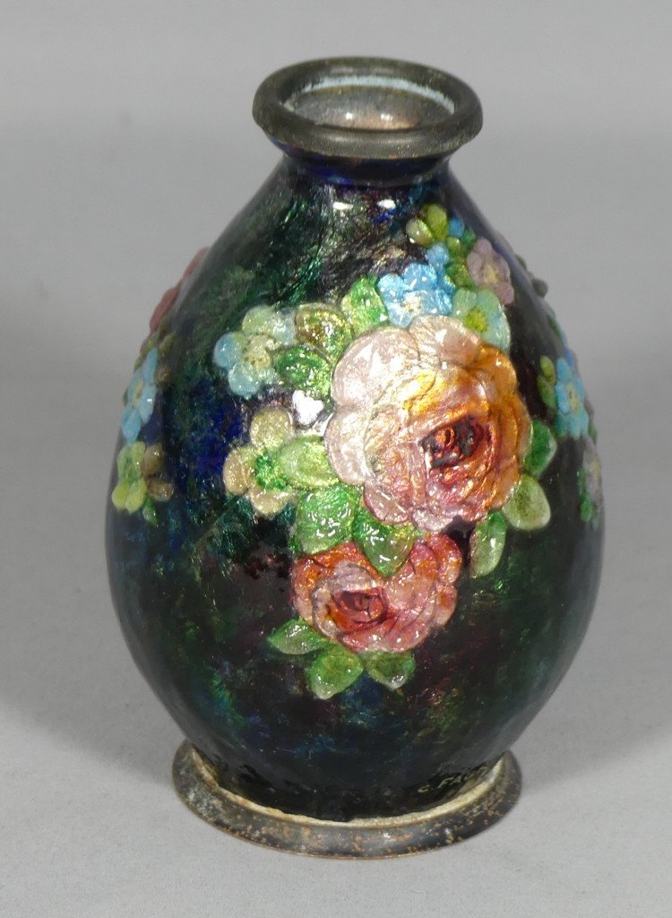 Camille Fauré, Vase En émail, émaux De Limoges Décor De Fleurs-photo-6