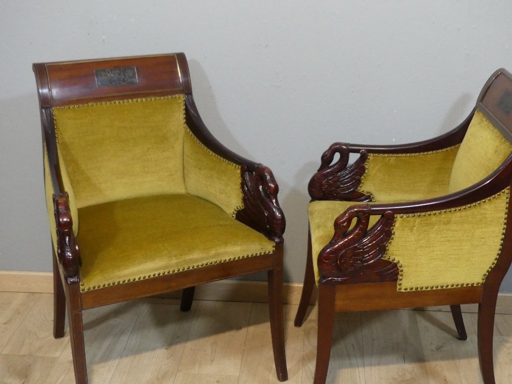 Pair Of Empire Style Mahogany Swan Armchairs, Late 19th Century-photo-3
