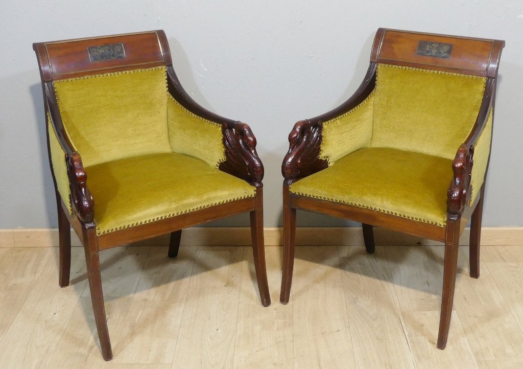 Pair Of Empire Style Mahogany Swan Armchairs, Late 19th Century