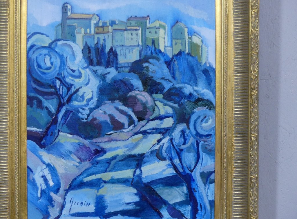 Village Of Carros By Thierry Grenier, Oil On Canvas In Shades Of Blue-photo-3