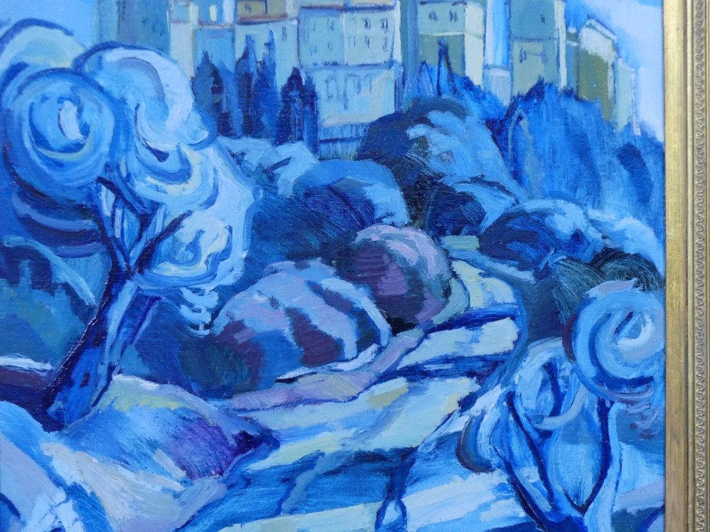 Village Of Carros By Thierry Grenier, Oil On Canvas In Shades Of Blue-photo-2