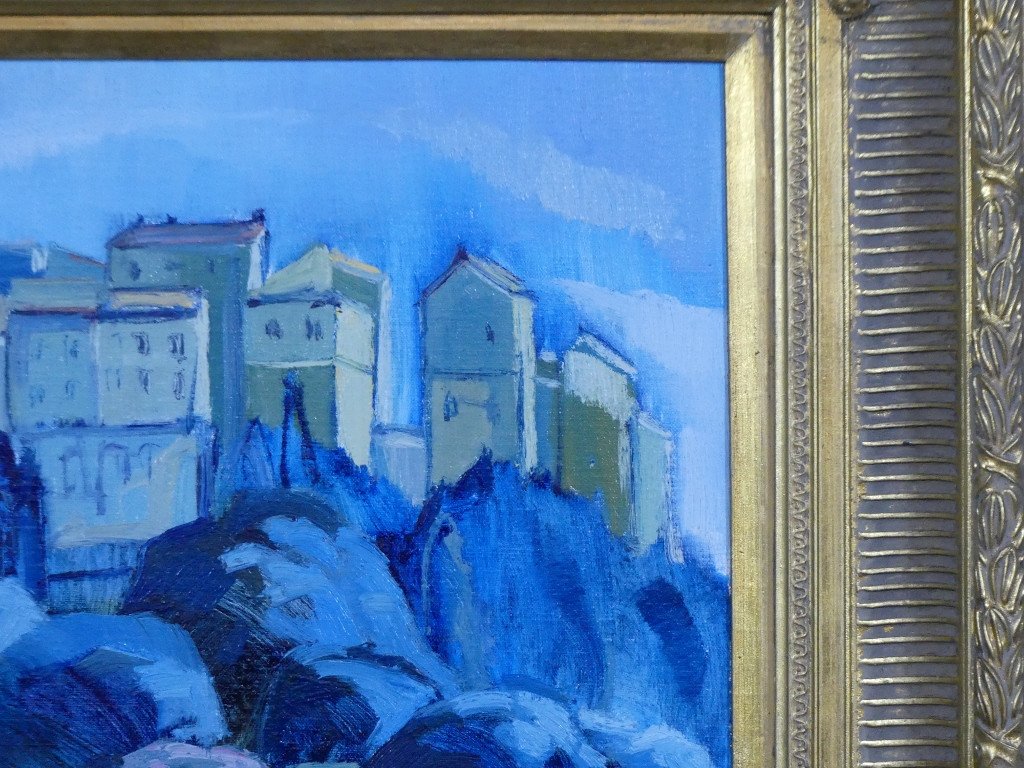 Village Of Carros By Thierry Grenier, Oil On Canvas In Shades Of Blue-photo-6