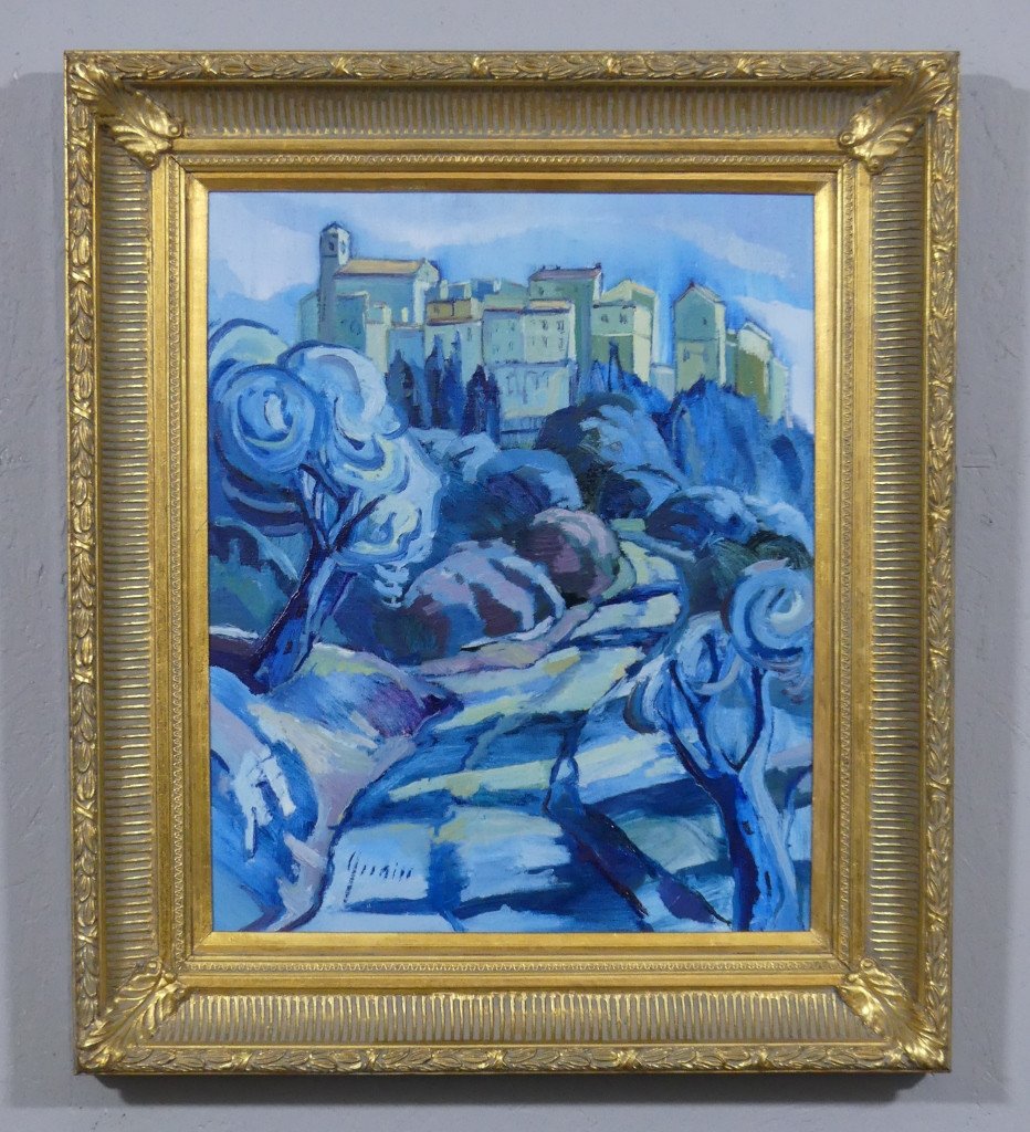 Village Of Carros By Thierry Grenier, Oil On Canvas In Shades Of Blue