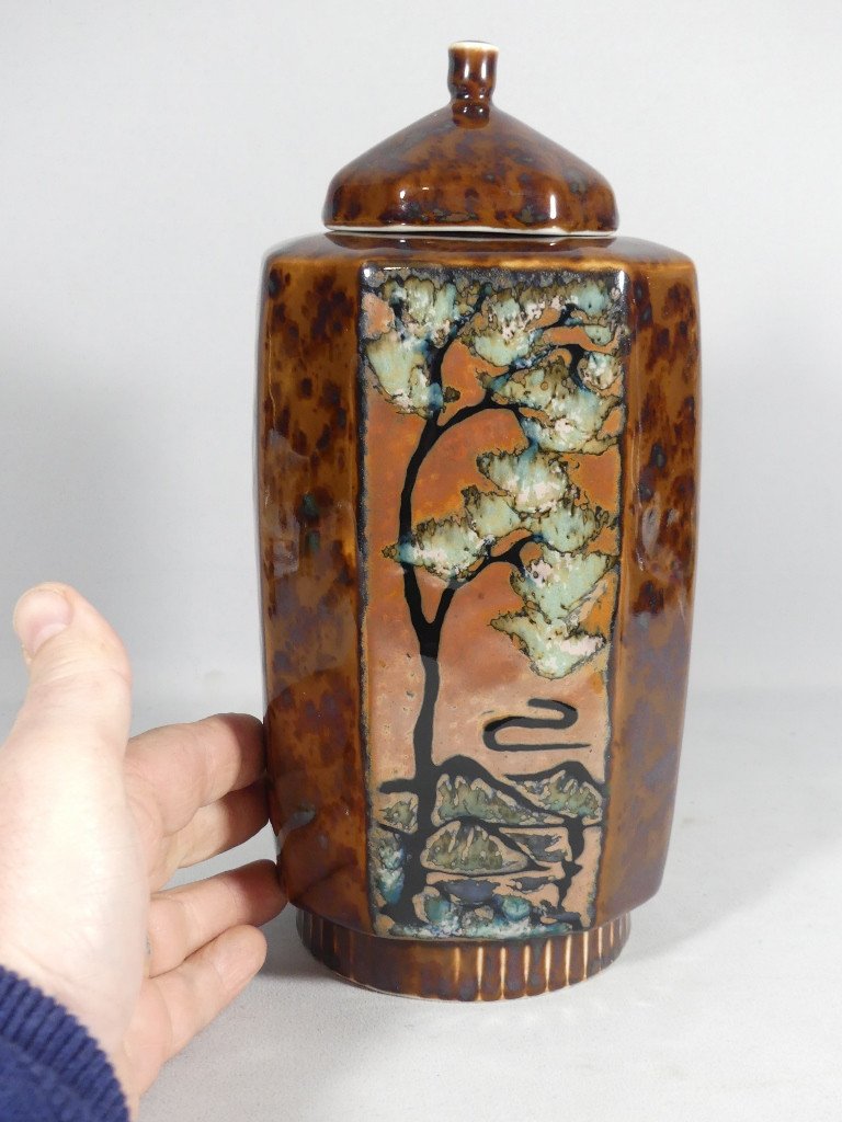 Camille Tharaud Limoges, Japanese Covered Vase Called Werther Pot Art Deco Porcelain-photo-3