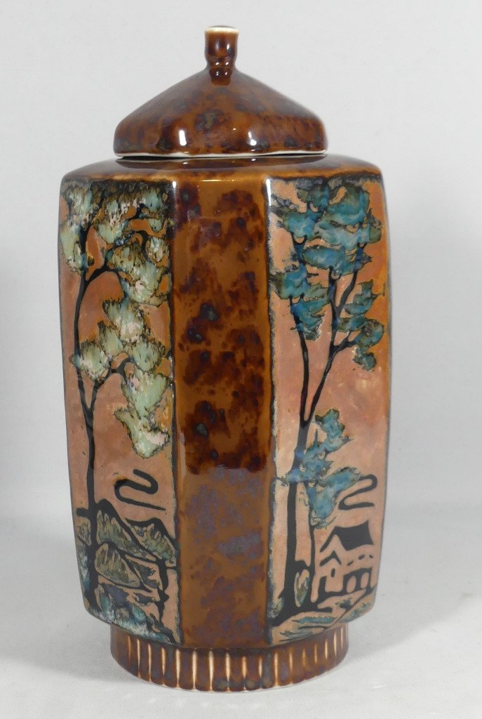 Camille Tharaud Limoges, Japanese Covered Vase Called Werther Pot Art Deco Porcelain