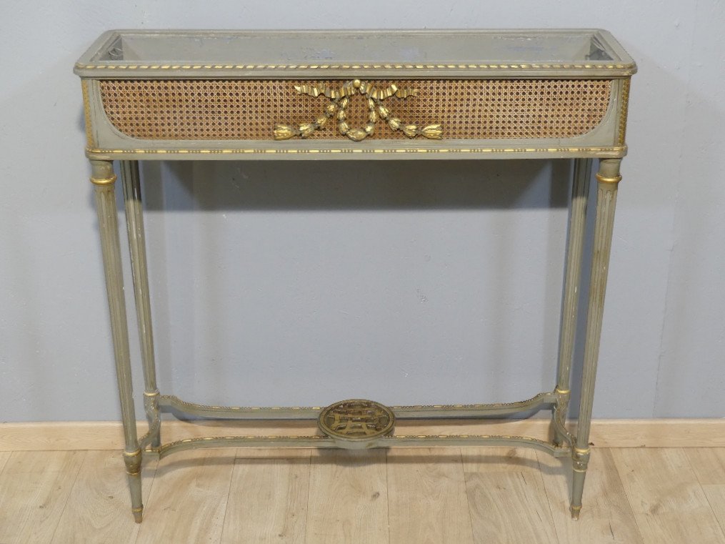 Grande Jardini&egrave;re Formant Console De Style Louis XVI En Bois Peint Gris Trianon Et Dor&eacute;, 1900