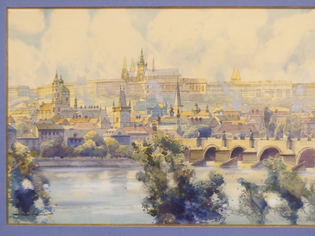 Prague, St. Charles Bridge And Castle, Watercolor By Oskar Schmidt-photo-3