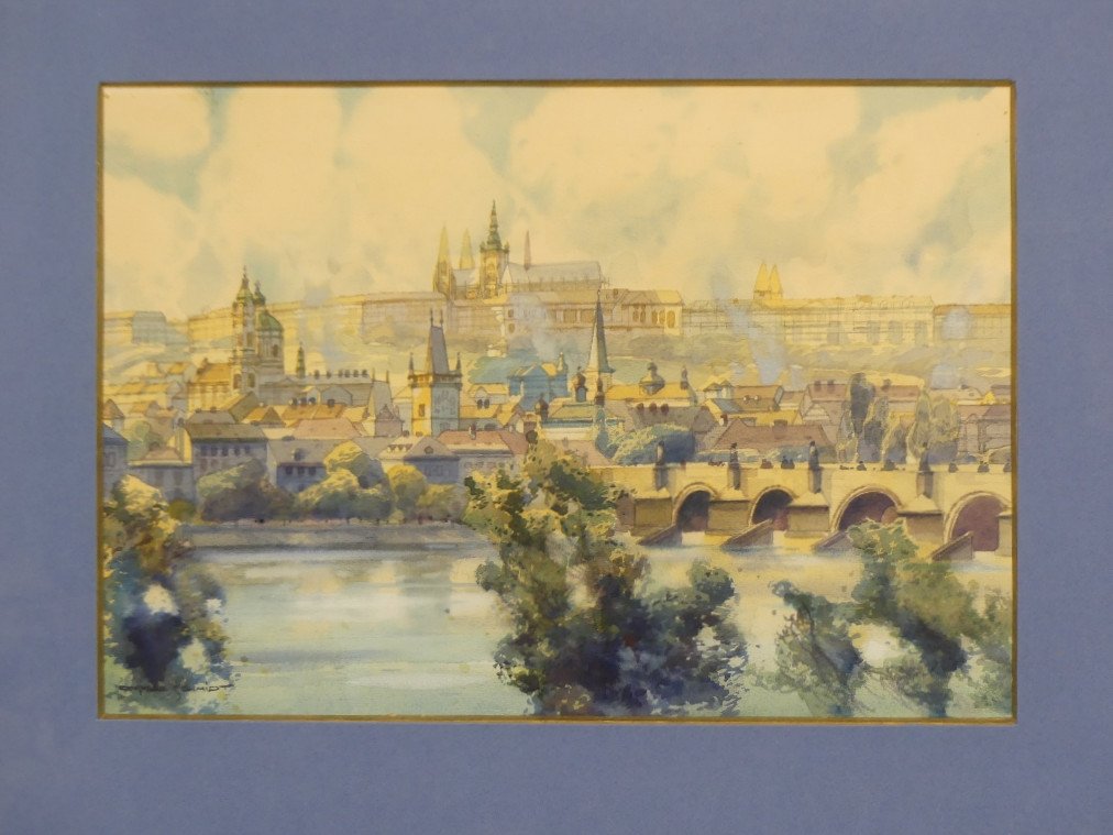 Prague, St. Charles Bridge And Castle, Watercolor By Oskar Schmidt