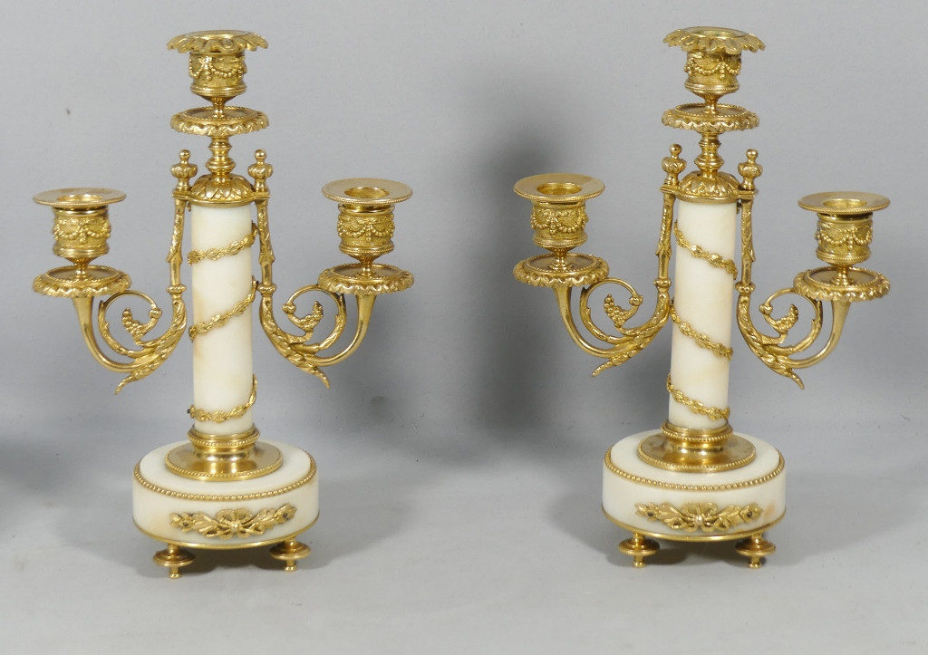 Pair Of Louis XVI Style Chadeliers In White Marble And Gilt Bronze, Late 19th Century