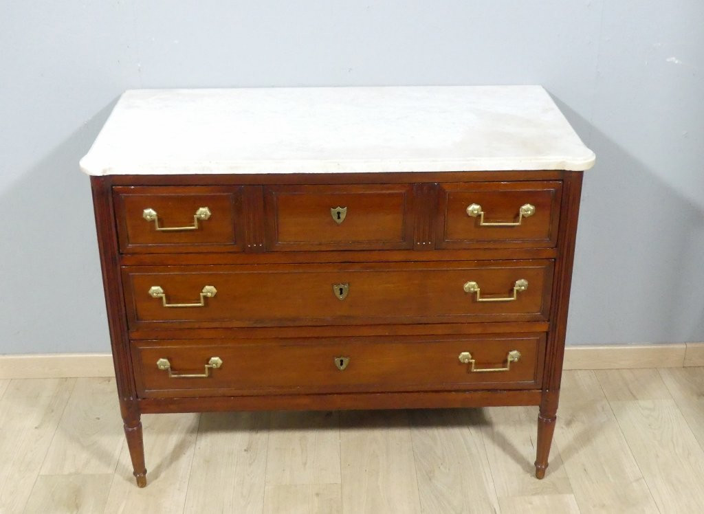 Louis XVI Chest Of Drawers In Mahogany And White Marble, 18th Century-photo-5