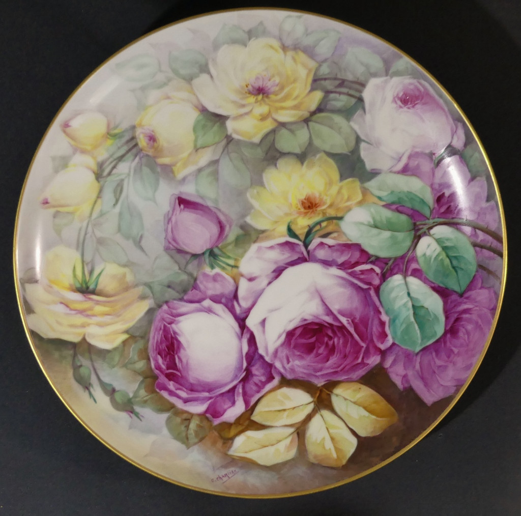 Les Roses, Decorative Dish In Limoges Porcelain Decorated By Charliac, 1900s