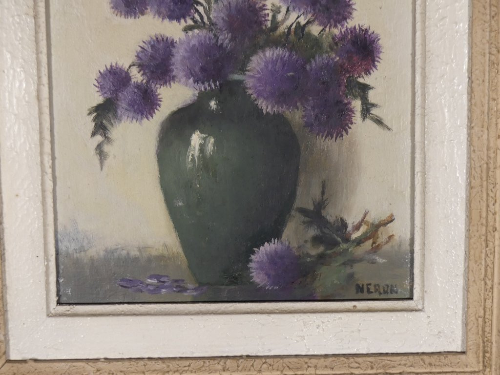 Bouquet Of Thistles, Oil On Cardboard Signed Neron, Still Life Painting-photo-4