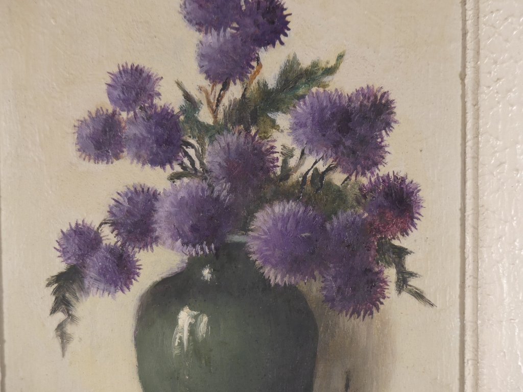 Bouquet Of Thistles, Oil On Cardboard Signed Neron, Still Life Painting-photo-2