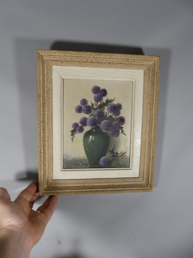 Bouquet Of Thistles, Oil On Cardboard Signed Neron, Still Life Painting-photo-4