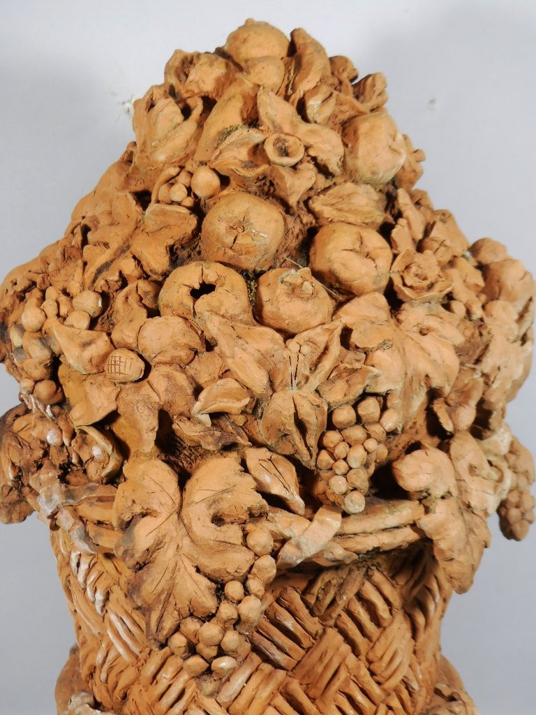 Ornement En Terre Cuite Corbeille De Fruits Et Fleurs Décoration De Jardin, époque Début XX ème-photo-1