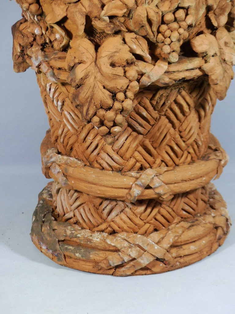 Ornement En Terre Cuite Corbeille De Fruits Et Fleurs Décoration De Jardin, époque Début XX ème-photo-2