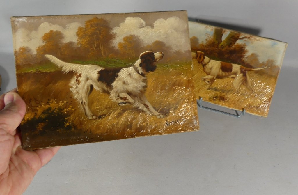 The Hunting Dogs, Pair Of Oil Paintings, Signed Lartigau-photo-4