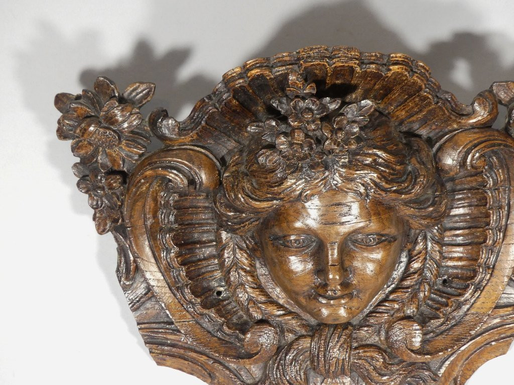 Regency Mascaron In Carved Oak Wood, Top Of Door, 18th Century Period-photo-2