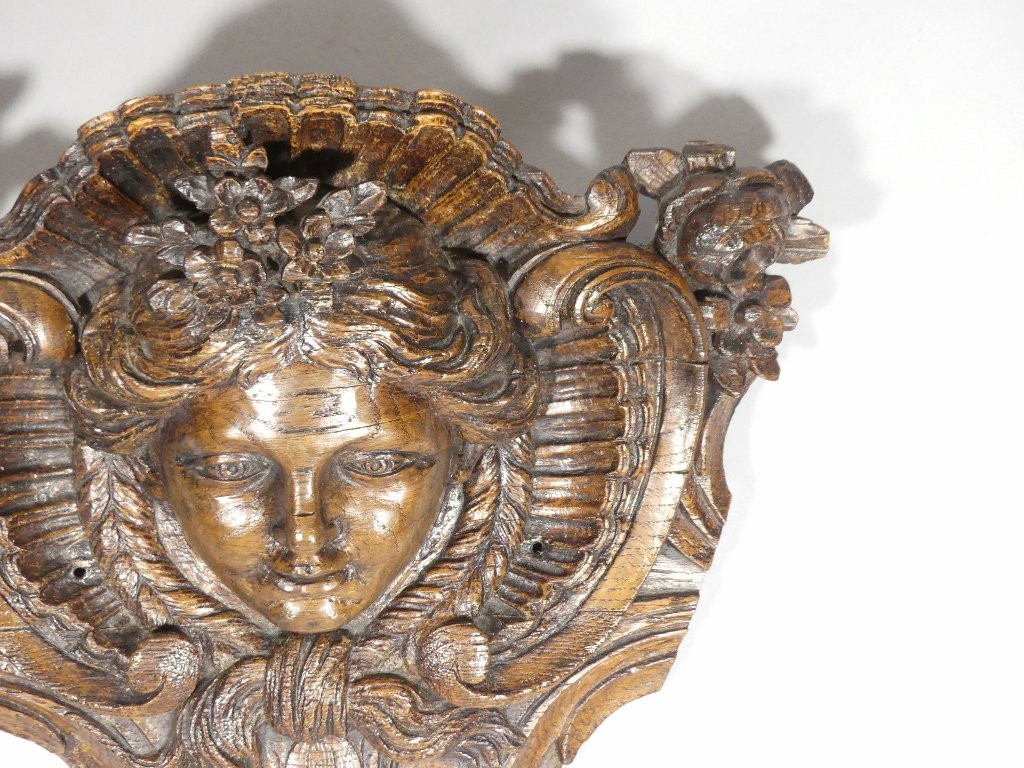Regency Mascaron In Carved Oak Wood, Top Of Door, 18th Century Period-photo-3