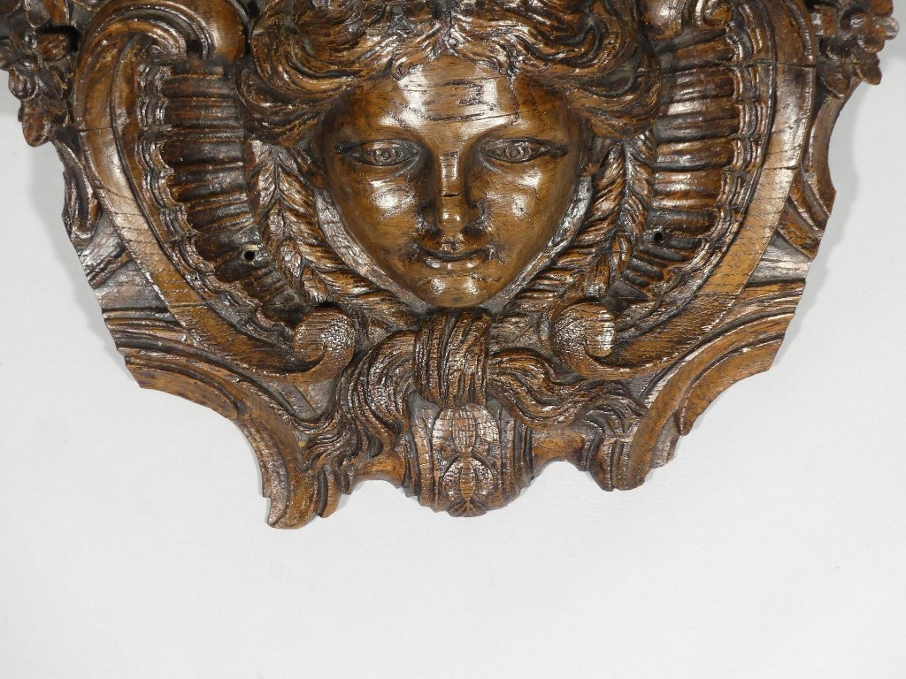 Regency Mascaron In Carved Oak Wood, Top Of Door, 18th Century Period-photo-4