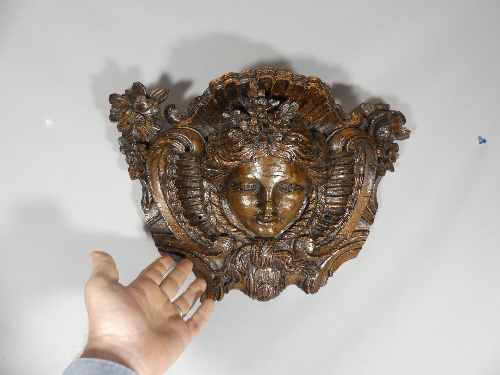 Regency Mascaron In Carved Oak Wood, Top Of Door, 18th Century Period-photo-1