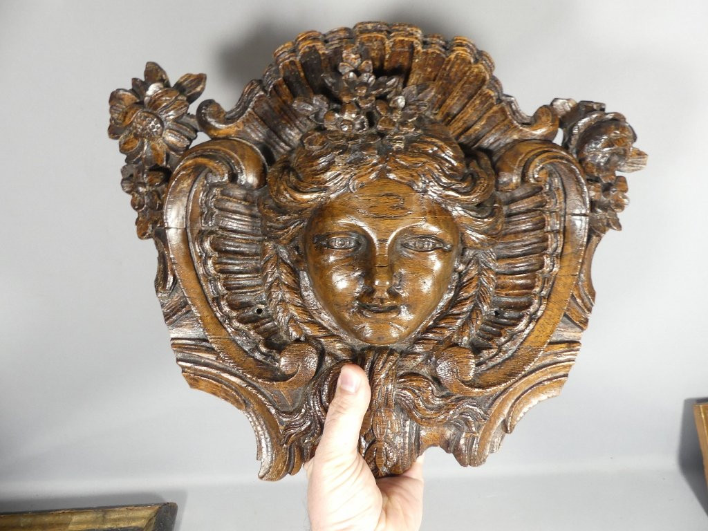 Regency Mascaron In Carved Oak Wood, Top Of Door, 18th Century Period-photo-2