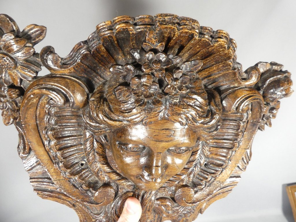 Regency Mascaron In Carved Oak Wood, Top Of Door, 18th Century Period-photo-3