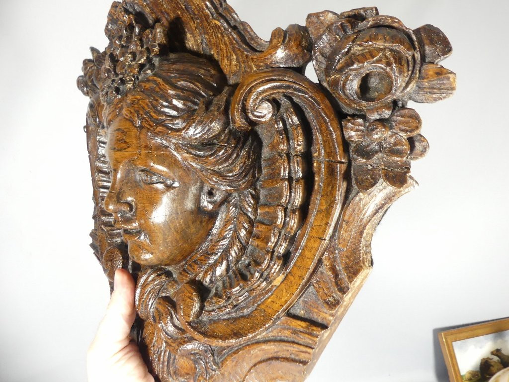 Regency Mascaron In Carved Oak Wood, Top Of Door, 18th Century Period-photo-4