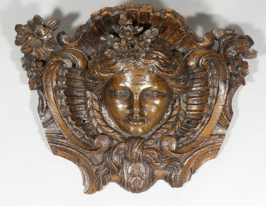 Regency Mascaron In Carved Oak Wood, Top Of Door, 18th Century Period