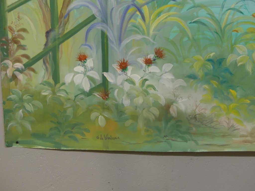 265*217 Cm, Large Decorative Painted Canvas Trellis And Flowers G De Vandeuvre 1st Of A Pair-photo-5