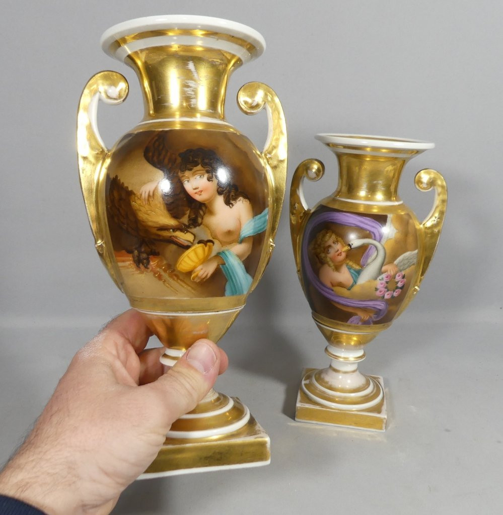 Paire De Vases Zeus, Leda, Aigle Et Cygne, Porcelaine D&eacute;but XIX &egrave;me &eacute;poque Restauration-photo-3