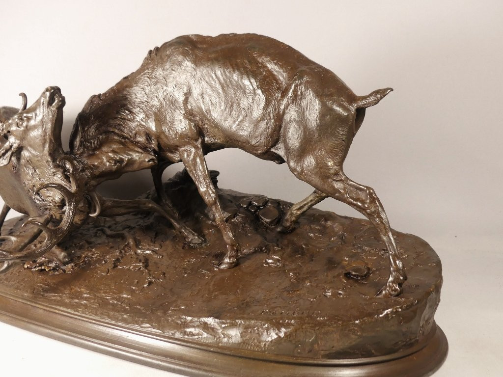 Fighting Deer After Pj Mene, Large Bronze Group With Brown Patina, Early 20th Century-photo-4