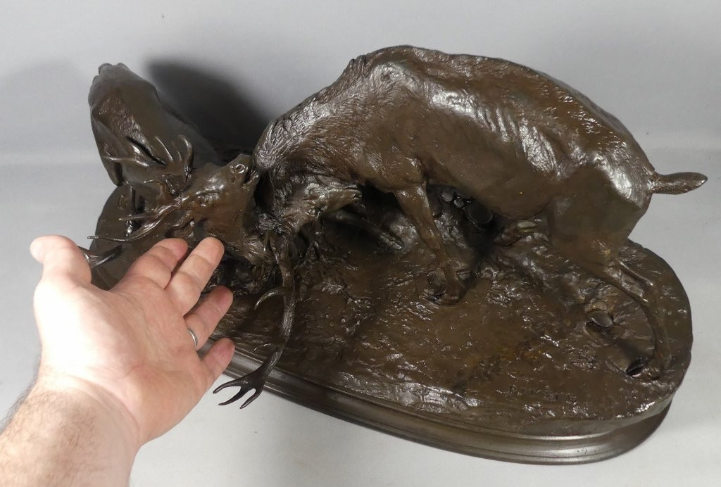 Fighting Deer After Pj Mene, Large Bronze Group With Brown Patina, Early 20th Century-photo-3